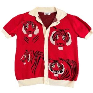 OXKNIT MEN'S VINTAGE RED KNIT SHIRT – RETRO TIGER GRAPHIC BUTTON-UP POLO Size M